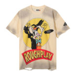 R061P60，美潮RoughPlay兔子印花泥印破洞做旧洗水短袖T恤男女
