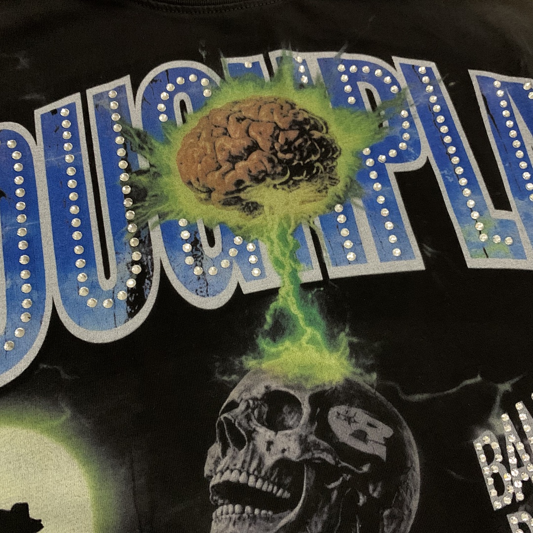 R118# P83 Rough Play Skull Shock Long Sleeve白墨直喷烫钻拼接时尚长袖T恤