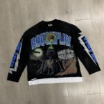 R118# P83 Rough Play Skull Shock Long Sleeve白墨直喷烫钻拼接时尚长袖T恤
