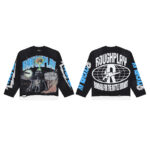 R118# P83 Rough Play Skull Shock Long Sleeve白墨直喷烫钻拼接时尚长袖T恤