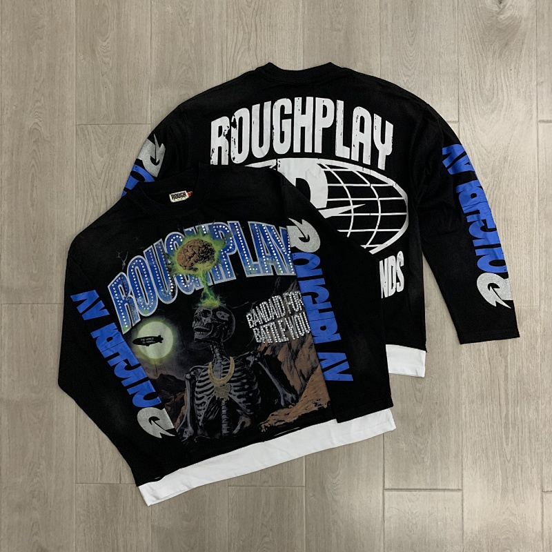 R118# P83 Rough Play Skull Shock Long Sleeve白墨直喷烫钻拼接时尚长袖T恤