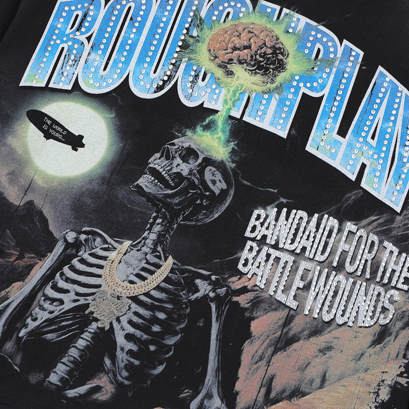 R118# P83 Rough Play Skull Shock Long Sleeve白墨直喷烫钻拼接时尚长袖T恤