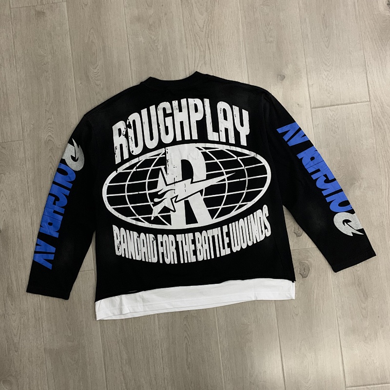 R118# P83 Rough Play Skull Shock Long Sleeve白墨直喷烫钻拼接时尚长袖T恤