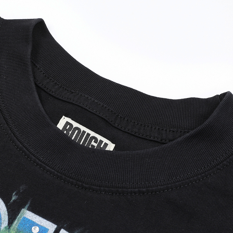 R118# P83 Rough Play Skull Shock Long Sleeve白墨直喷烫钻拼接时尚长袖T恤