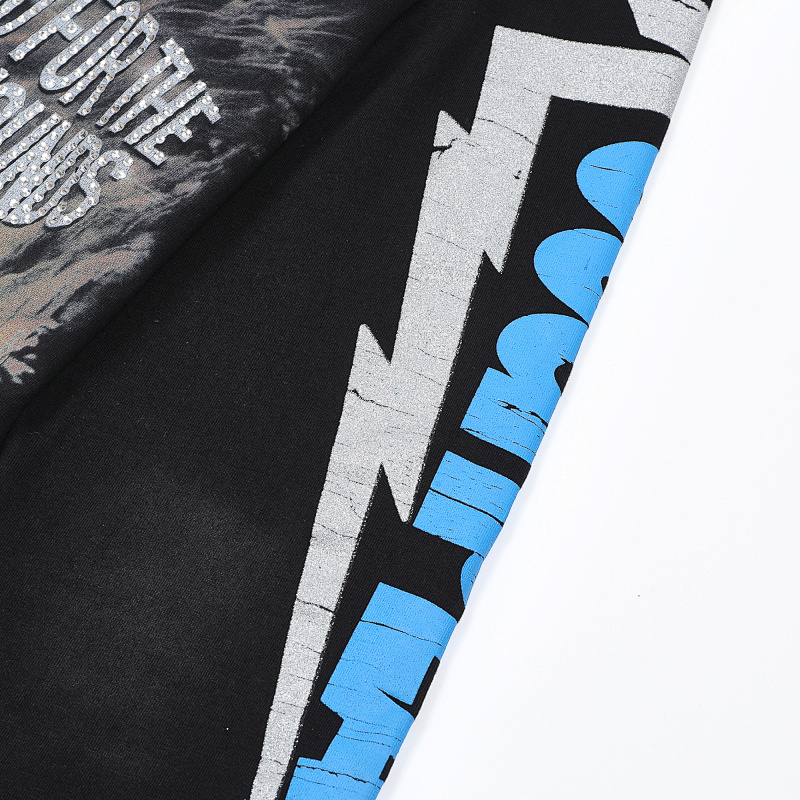 R118# P83 Rough Play Skull Shock Long Sleeve白墨直喷烫钻拼接时尚长袖T恤