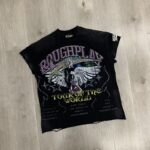 R806# P68 RoughPlay Tour Sleeveless T-Shirt 街头潮牌时尚街头破洞烫钻短袖T恤