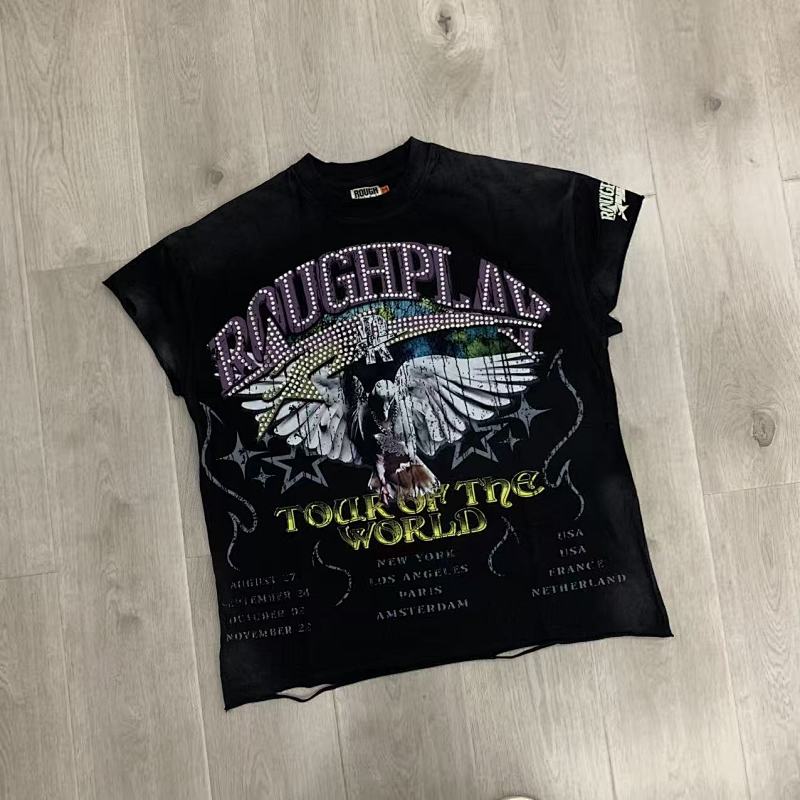 R806# P68 RoughPlay Tour Sleeveless T-Shirt 街头潮牌时尚街头破洞烫钻短袖T恤