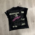 R806# P68 RoughPlay Tour Sleeveless T-Shirt 街头潮牌时尚街头破洞烫钻短袖T恤