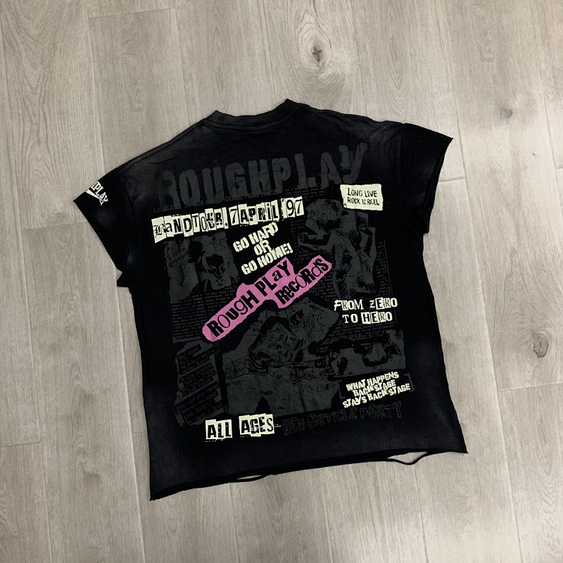 R806# P68 RoughPlay Tour Sleeveless T-Shirt 街头潮牌时尚街头破洞烫钻短袖T恤