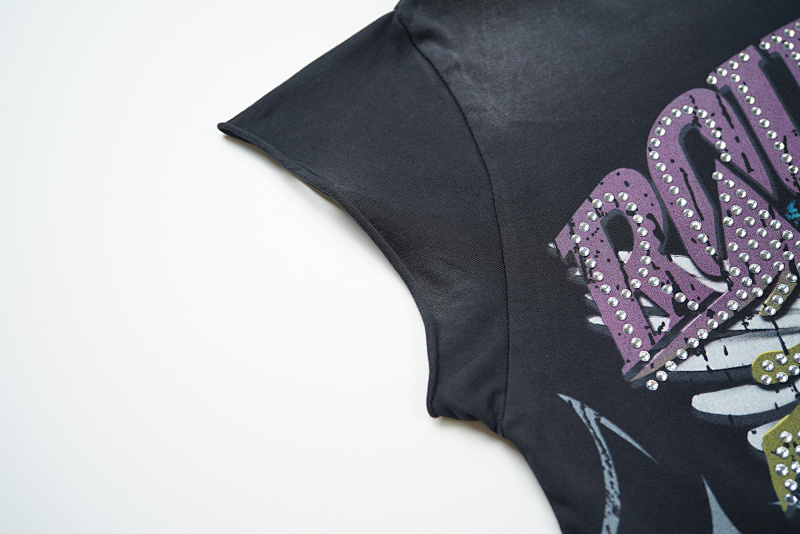R806# P68 RoughPlay Tour Sleeveless T-Shirt 街头潮牌时尚街头破洞烫钻短袖T恤