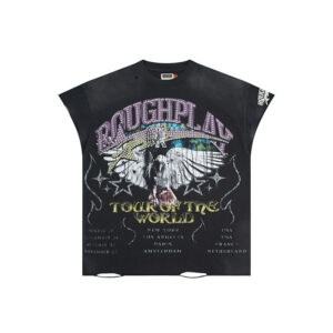 R806# P68 RoughPlay Tour Sleeveless T-Shirt 街头潮牌时尚街头破洞烫钻短袖T恤