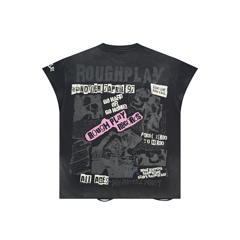 R806# P68 RoughPlay Tour Sleeveless T-Shirt 街头潮牌时尚街头破洞烫钻短袖T恤