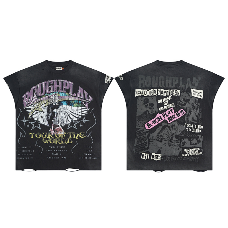 R806# P68 RoughPlay Tour Sleeveless T-Shirt 街头潮牌时尚街头破洞烫钻短袖T恤
