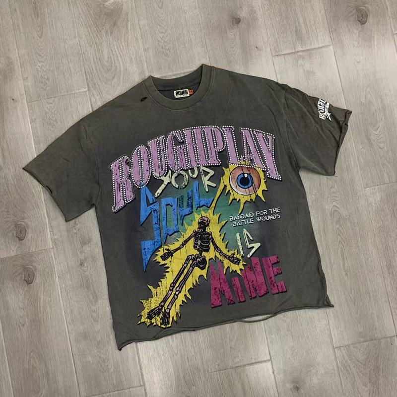 R507# P65 RoughPlay Soul T-Shirt 白墨直喷烫钻纯棉街头潮牌短袖