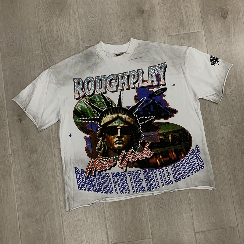 yupoo_42060_f098cf83.jpg R505# P72 RoughPlay NYC T-Shirt 洗水做旧白色破洞大幅闪亮带钻短袖T恤
