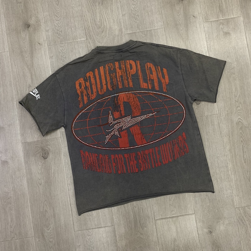 R502# P75 RoughPlay Girls Wanna Have Fun TEE 直喷烫钻破洞Vintage短袖T恤