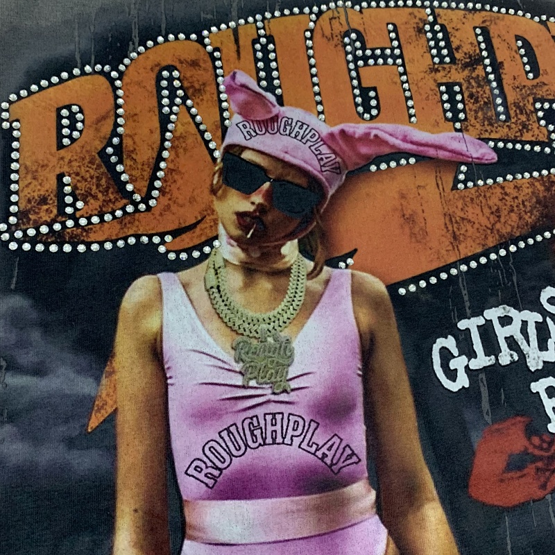 R502# P75 RoughPlay Girls Wanna Have Fun TEE 直喷烫钻破洞Vintage短袖T恤