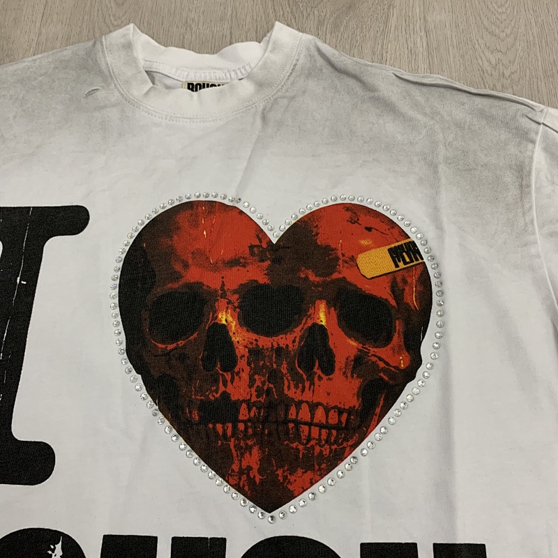 R501# P58 RoughPlay Love T-Shirt with rhinestones 美国街头潮牌洗水做旧烫钻短袖