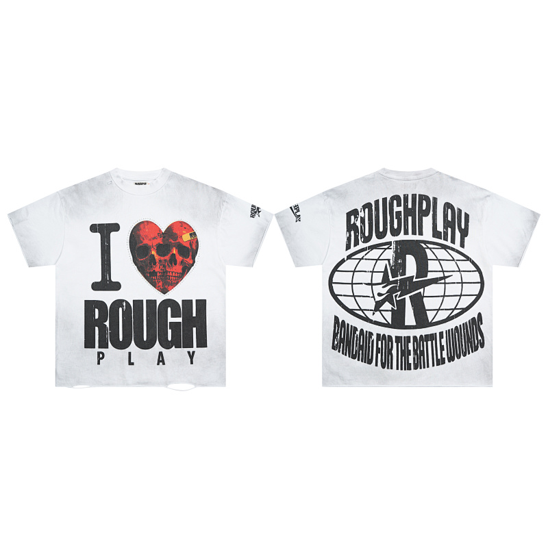 R501# P58 RoughPlay Love T-Shirt with rhinestones 美国街头潮牌洗水做旧烫钻短袖