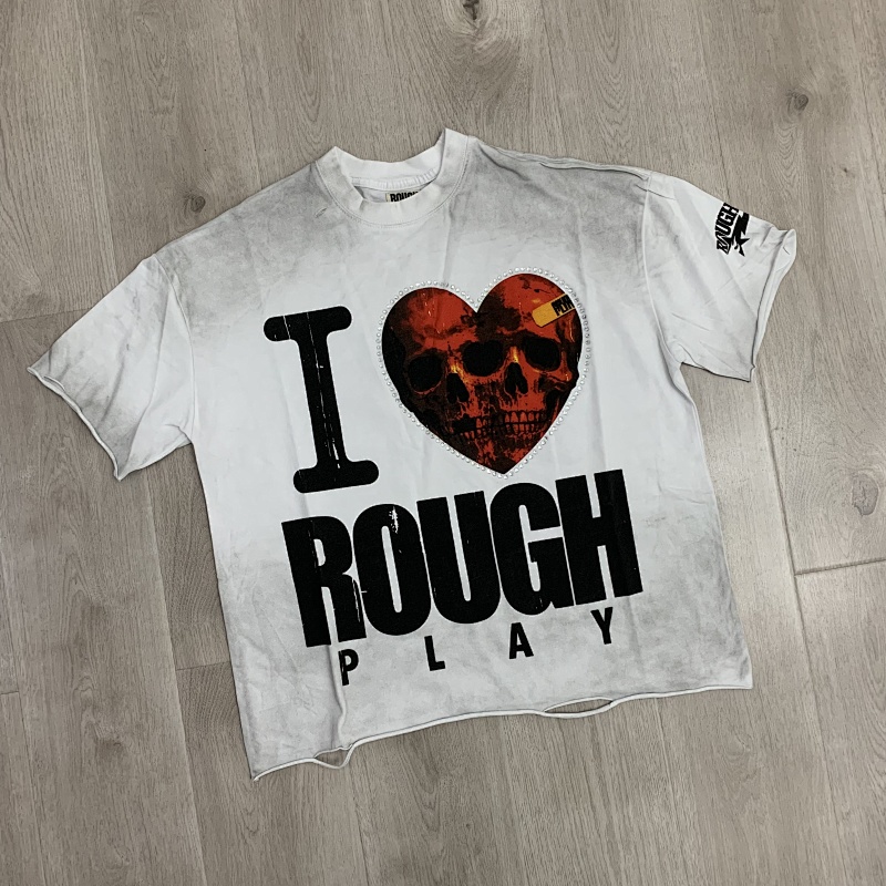 R501# P58 RoughPlay Love T-Shirt with rhinestones 美国街头潮牌洗水做旧烫钻短袖