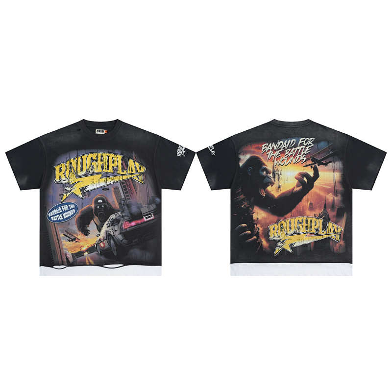 R112# P75 RoughPlay Gorilla T-Shirt 前后白墨直喷透气时尚带钻短袖T恤