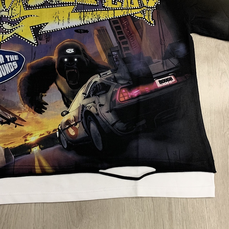 R112# P75 RoughPlay Gorilla T-Shirt 前后白墨直喷透气时尚带钻短袖T恤
