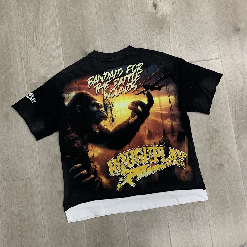 R112# P75 RoughPlay Gorilla T-Shirt 前后白墨直喷透气时尚带钻短袖T恤