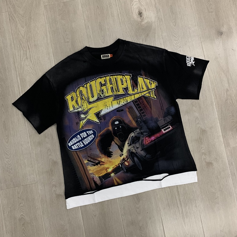 R112# P75 RoughPlay Gorilla T-Shirt 前后白墨直喷透气时尚带钻短袖T恤
