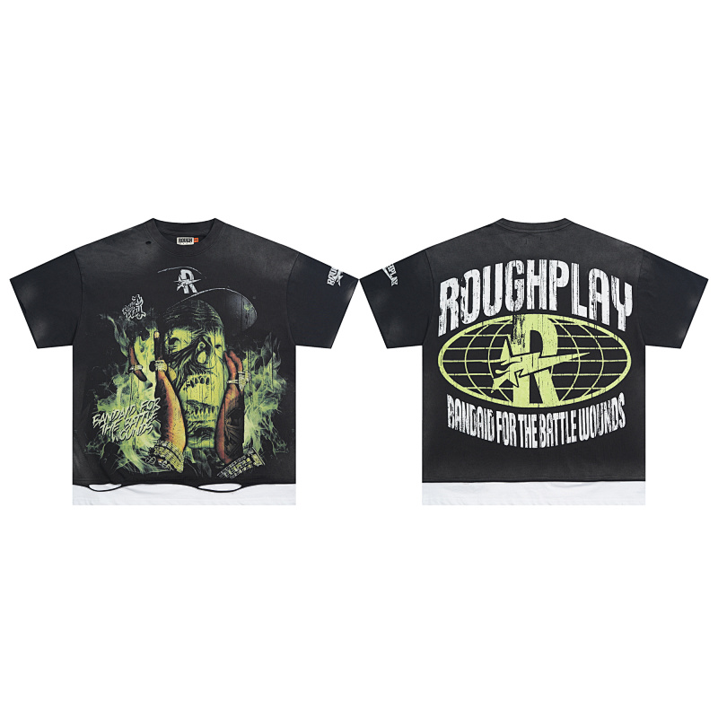 R107# P62 RoughPlay Ghost Face T-Shirt 欧美街头潮牌拼接短袖