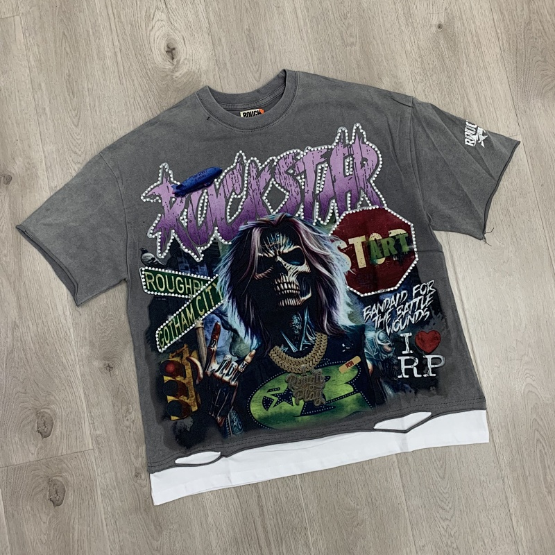 R106# P70 RoughPlay RockStar T-Shirt with diamond 白墨直喷透气烫钻时尚潮牌钻石短袖