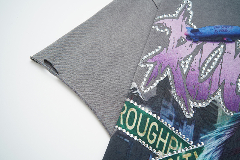 R106# P70 RoughPlay RockStar T-Shirt with diamond 白墨直喷透气烫钻时尚潮牌钻石短袖