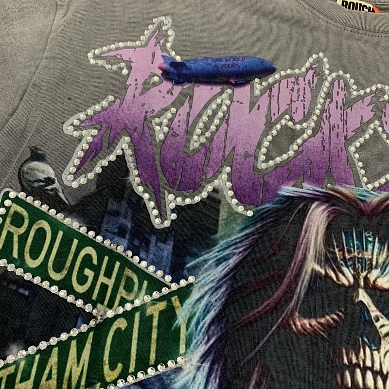 R106# P70 RoughPlay RockStar T-Shirt with diamond 白墨直喷透气烫钻时尚潮牌钻石短袖