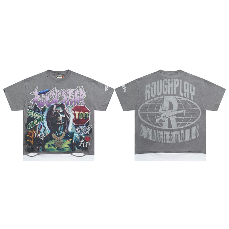 R106# P70 RoughPlay RockStar T-Shirt with diamond 白墨直喷透气烫钻时尚潮牌钻石短袖