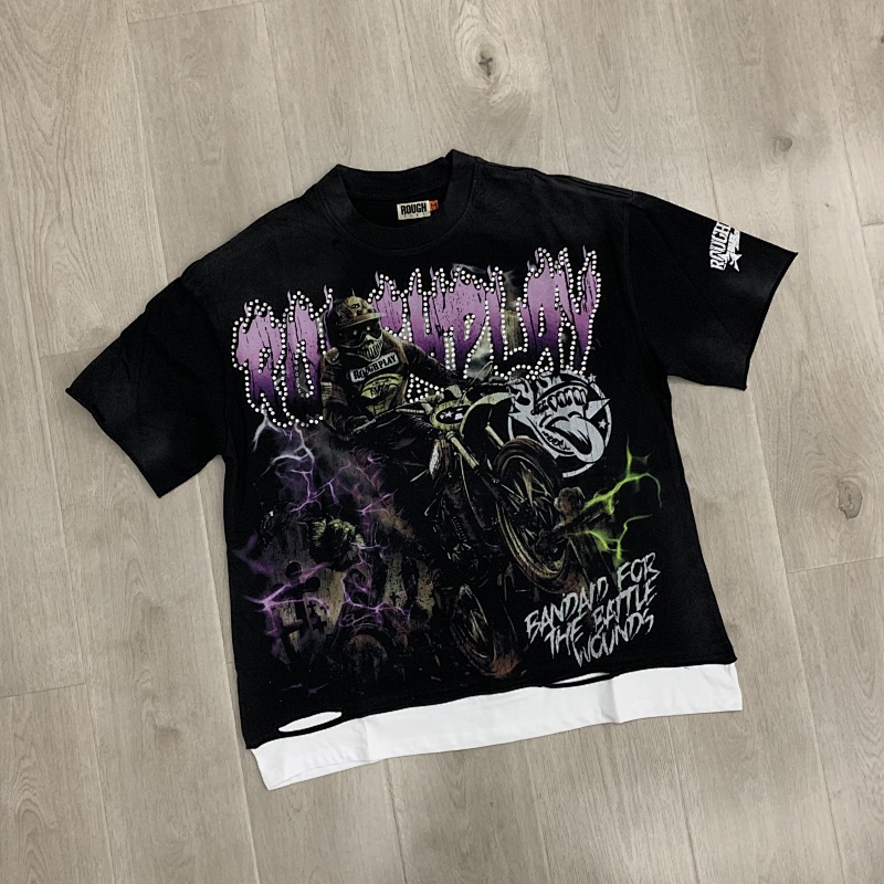 R105#P70  RoughPlay Dirt Nap T-Shirt 欧美潮牌拼接做旧破洞烫钻短袖T恤