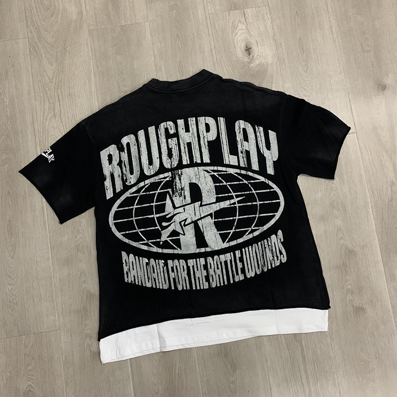 R105#P70  RoughPlay Dirt Nap T-Shirt 欧美潮牌拼接做旧破洞烫钻短袖T恤