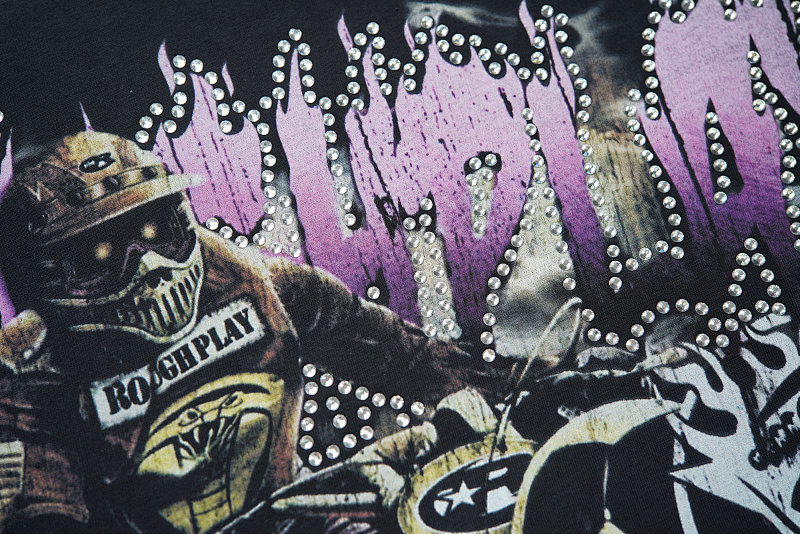 R105#P70  RoughPlay Dirt Nap T-Shirt 欧美潮牌拼接做旧破洞烫钻短袖T恤