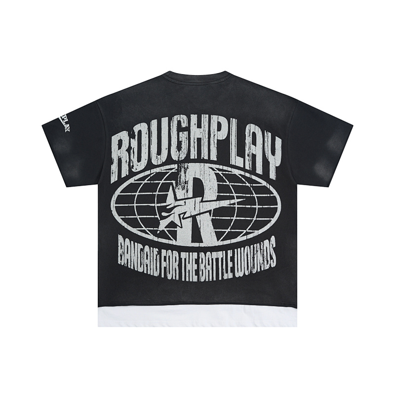 R105#P70  RoughPlay Dirt Nap T-Shirt 欧美潮牌拼接做旧破洞烫钻短袖T恤