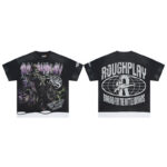 R105#P70  RoughPlay Dirt Nap T-Shirt 欧美潮牌拼接做旧破洞烫钻短袖T恤