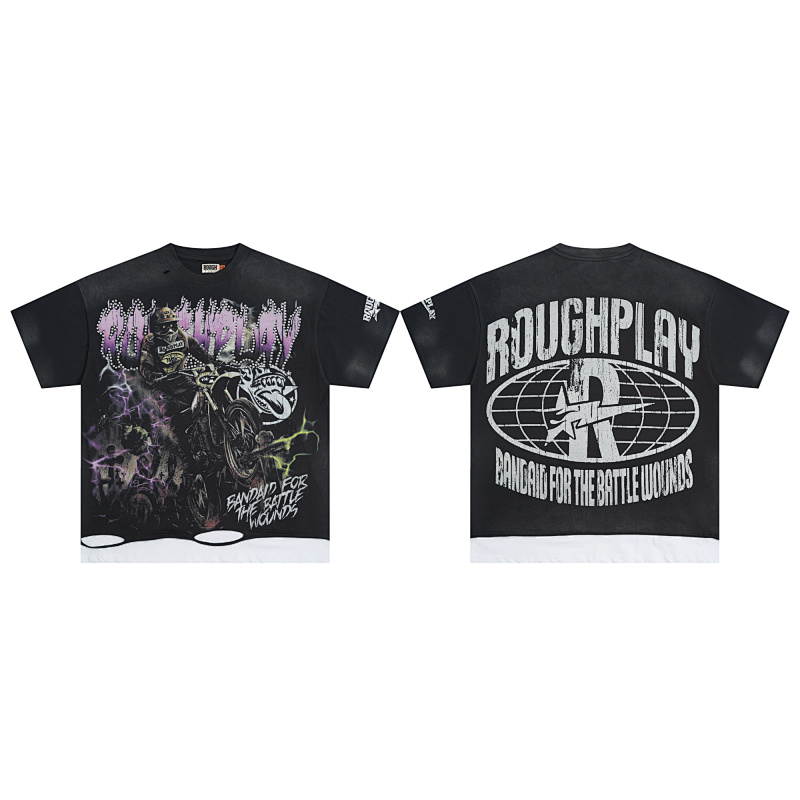 R105#P70  RoughPlay Dirt Nap T-Shirt 欧美潮牌拼接做旧破洞烫钻短袖T恤