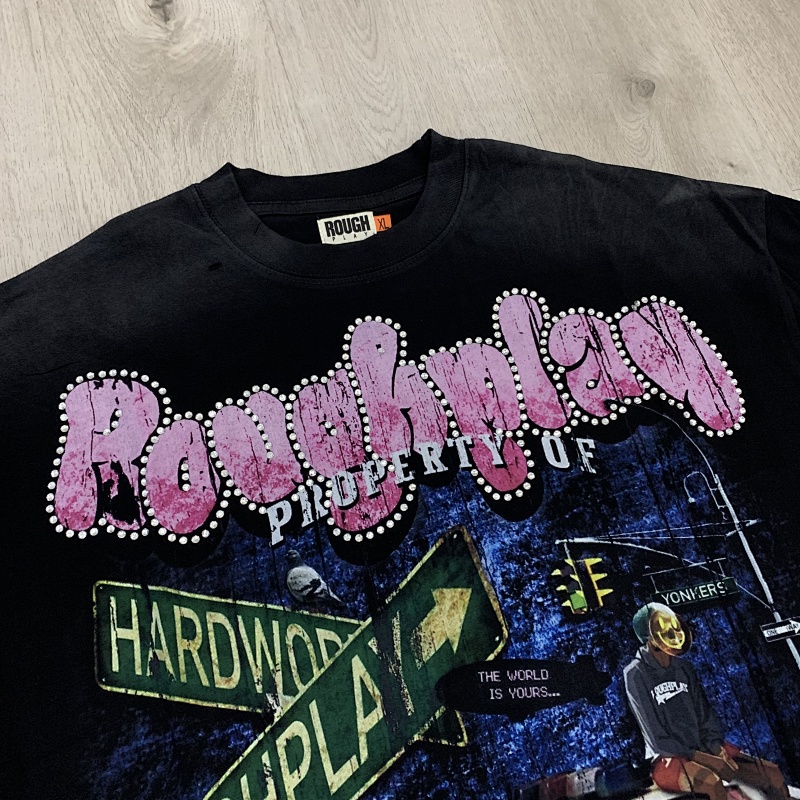 R103# P72 RoughPlay We Are The Streets 高品质100%纯棉白墨直喷烫钻短袖T恤