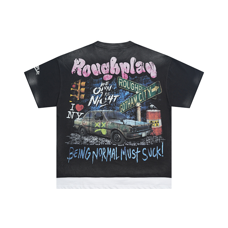 R103# P72 RoughPlay We Are The Streets 高品质100%纯棉白墨直喷烫钻短袖T恤