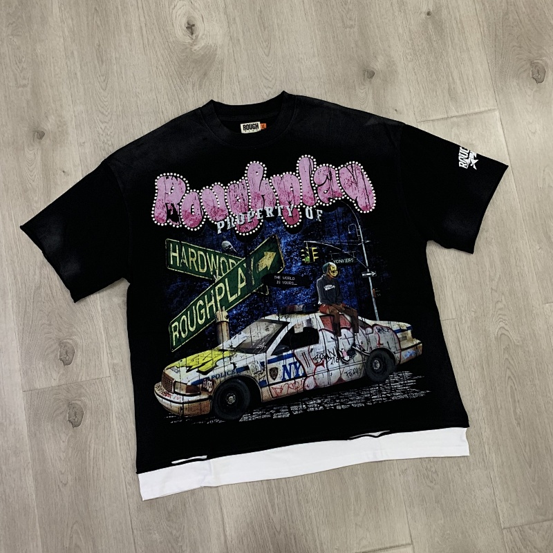 R103# P72 RoughPlay We Are The Streets 高品质100%纯棉白墨直喷烫钻短袖T恤