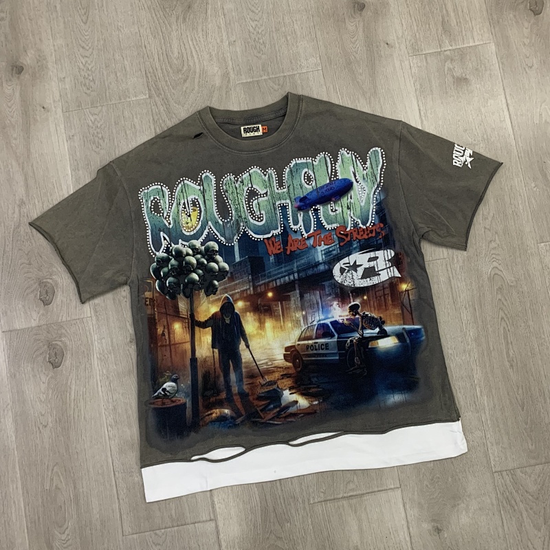 R101# P68 RoughPlay We Are The Streets 2 最新美潮时尚洗水破洞做旧烫钻拼接短袖T恤