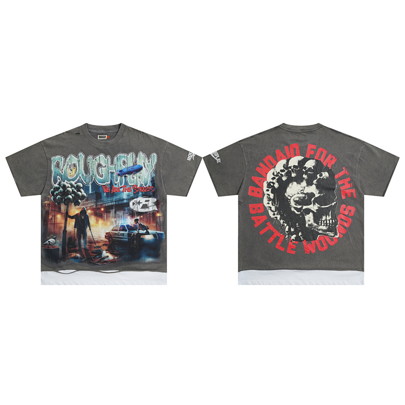R101# P68 RoughPlay We Are The Streets 2 最新美潮时尚洗水破洞做旧烫钻拼接短袖T恤