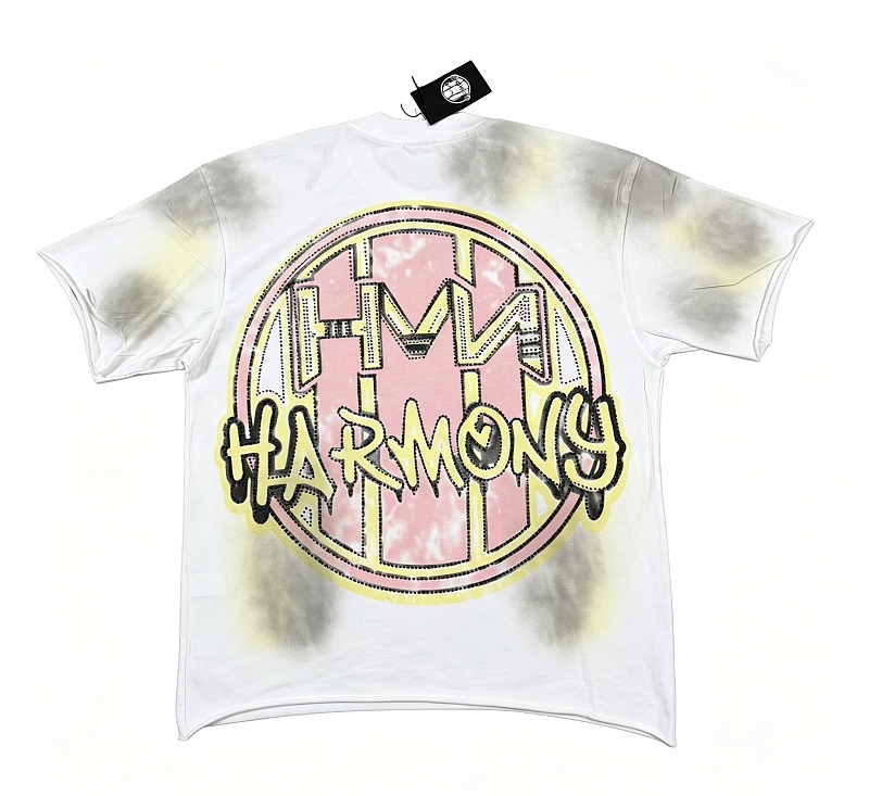 编号119 #P77 HARMONY New Age T-shirt 2026ss欧美最新潮牌白墨直喷烫钻马骝洗水磨破做旧短袖T恤 码数：S  M  L  XL