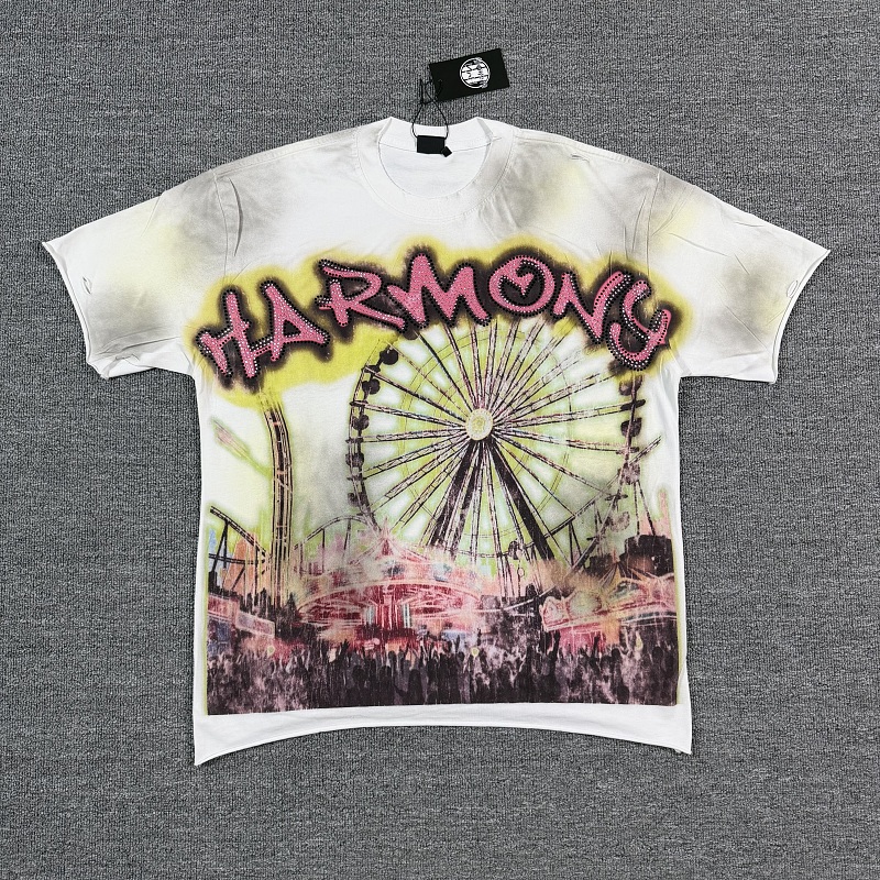 编号119 #P77 HARMONY New Age T-shirt 2026ss欧美最新潮牌白墨直喷烫钻马骝洗水磨破做旧短袖T恤 码数：S  M  L  XL