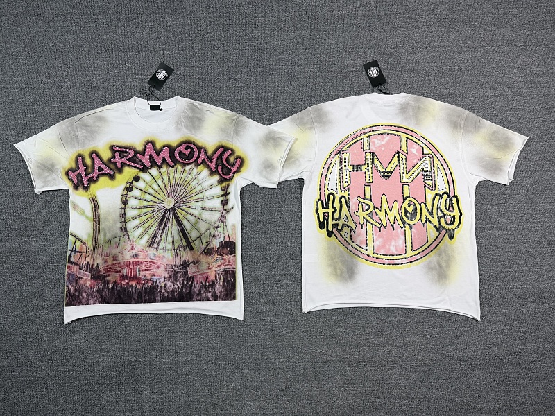 编号119 #P77 HARMONY New Age T-shirt 2026ss欧美最新潮牌白墨直喷烫钻马骝洗水磨破做旧短袖T恤 码数：S  M  L  XL