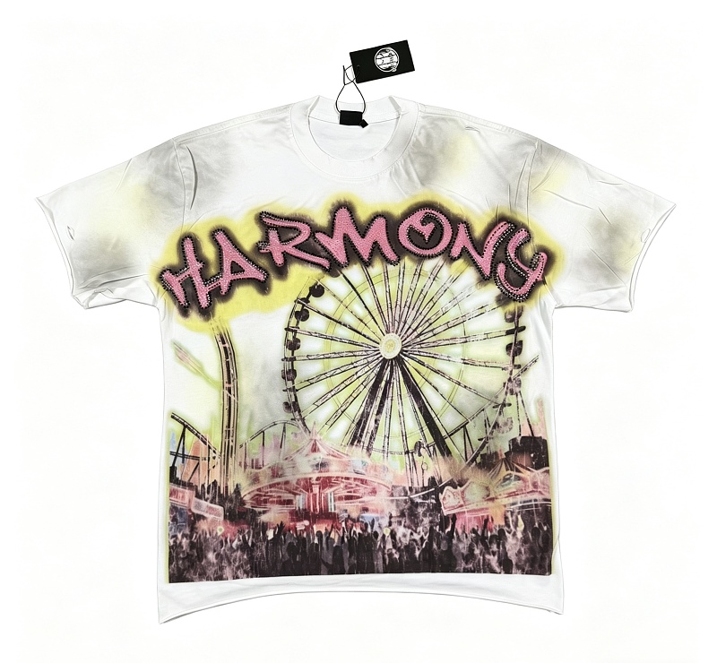 编号119 #P77 HARMONY New Age T-shirt 2026ss欧美最新潮牌白墨直喷烫钻马骝洗水磨破做旧短袖T恤 码数：S  M  L  XL