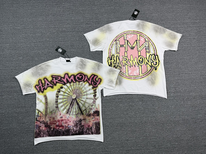 编号119 #P77 HARMONY New Age T-shirt 2026ss欧美最新潮牌白墨直喷烫钻马骝洗水磨破做旧短袖T恤 码数：S  M  L  XL