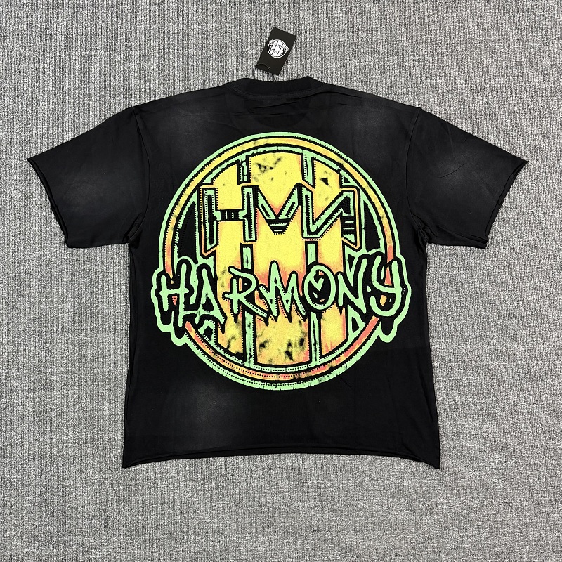 编号120 #P77 HARMONY New Age T-shirt 2026ss欧美最新潮牌白墨直喷烫钻马骝洗水磨破做旧短袖T恤 码数：S  M  L  XL